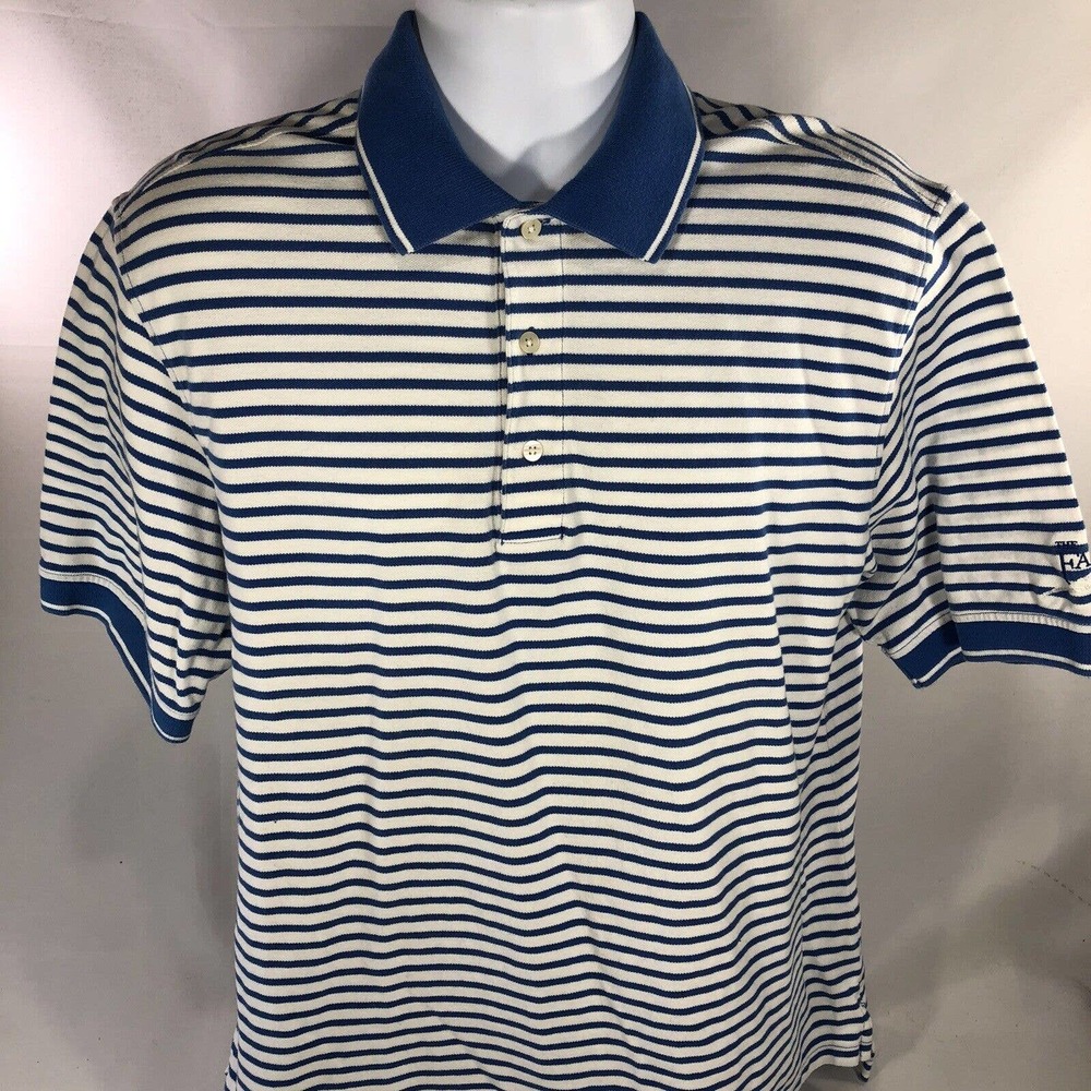 THE FALLS GOLF CLUB SMITH & TWEED POLO SHIRT LARGE STRIPED WHITE BLUE COLLARED
